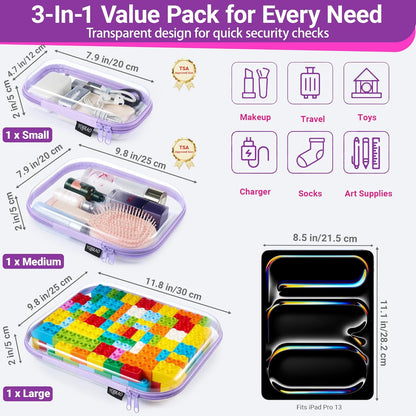 Clear Hard Shell Organizer Cases, 3-Pack, White | Rigid 1.2 mm clear PET organizers with multi-size design for travel, home storage, and everyday essentials.