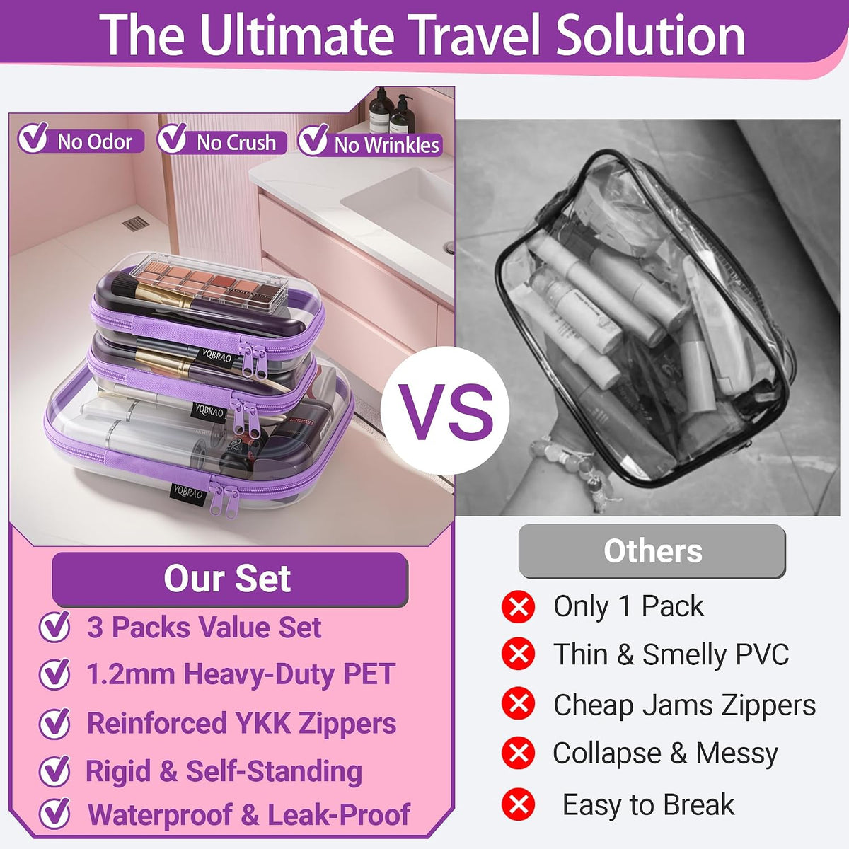 Clear Hard Shell Organizer Cases, 3-Pack, White | Rigid 1.2 mm clear PET organizers with multi-size design for travel, home storage, and everyday essentials.