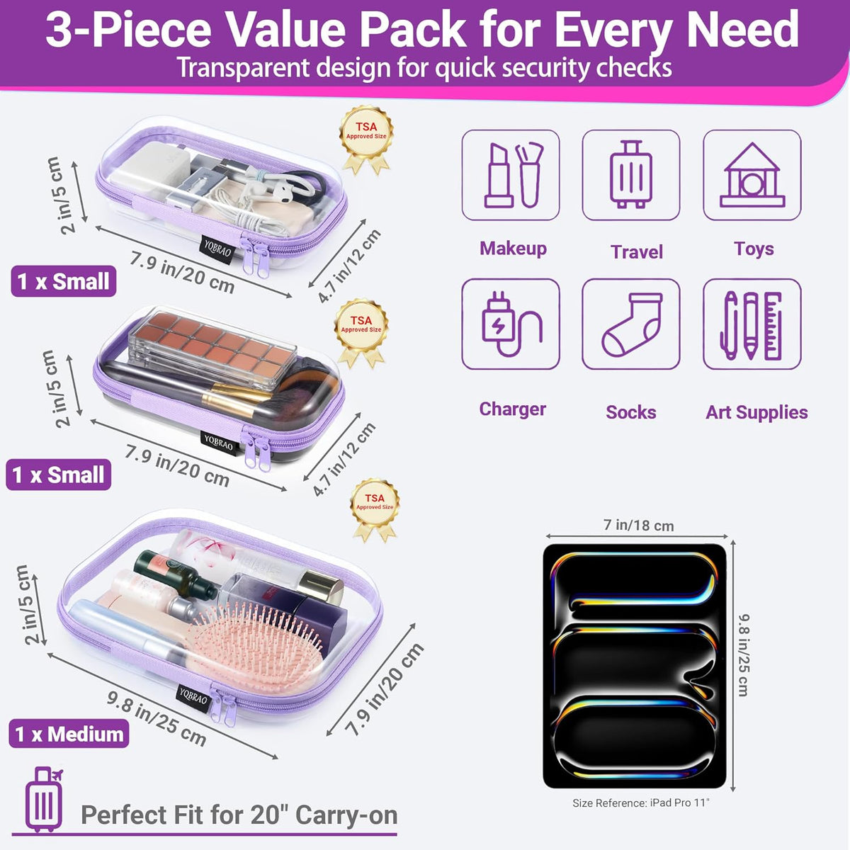 Clear Hard Shell Organizer Cases, 3-Pack, White | Rigid 1.2 mm clear PET organizers with multi-size design for travel, home storage, and everyday essentials.