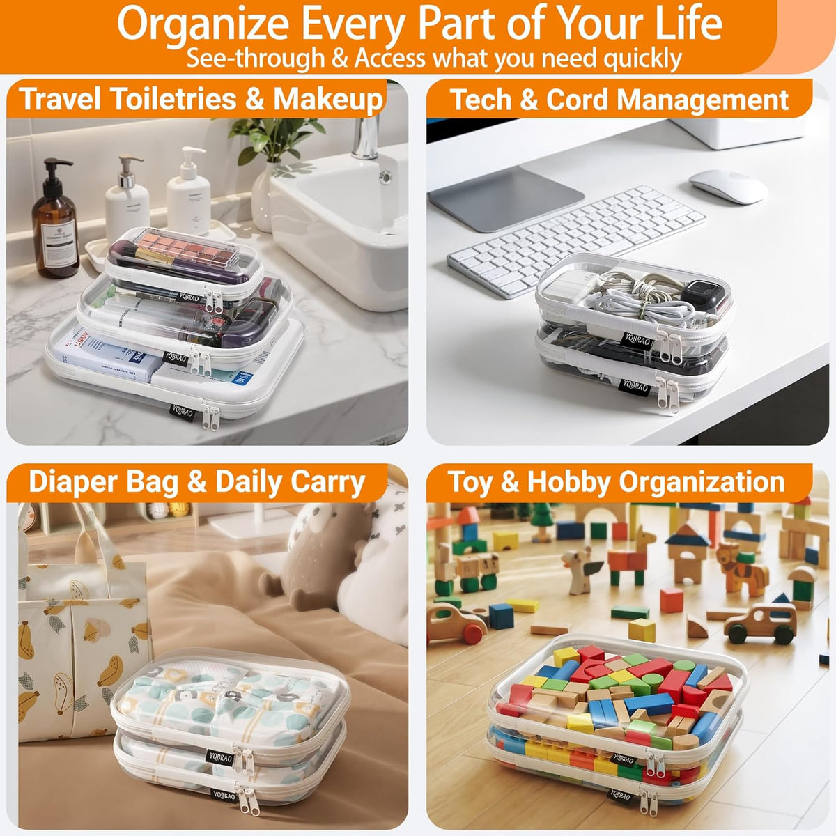 Clear Hard Shell Organizer Cases, 3-Pack, White | Rigid 1.2 mm clear PET organizers with multi-size design for travel, home storage, and everyday essentials.
