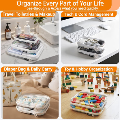 Clear Hard Shell Organizer Cases, 3-Pack, White | Rigid 1.2 mm clear PET organizers with multi-size design for travel, home storage, and everyday essentials.