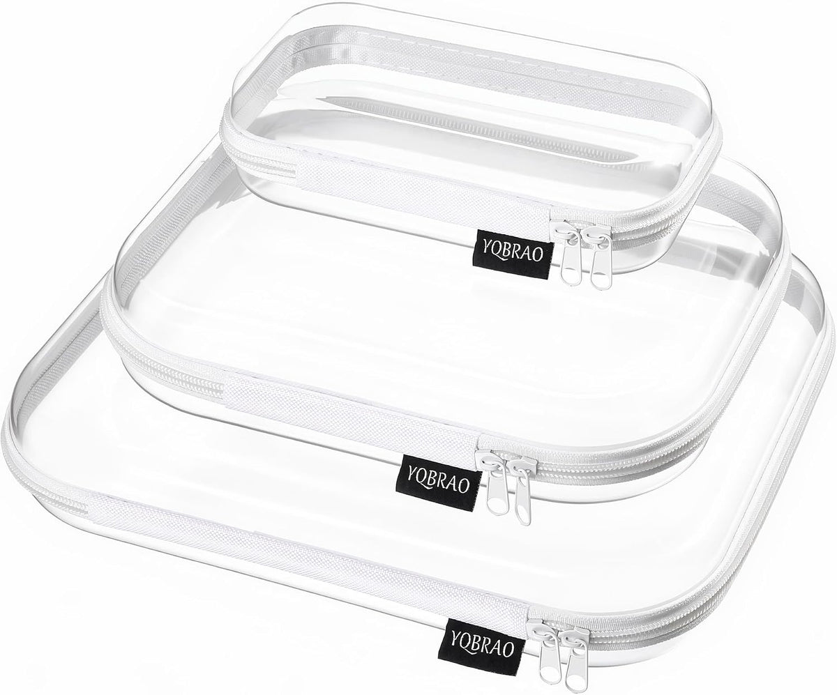Clear Hard Shell Organizer Cases, 3-Pack, White | Rigid 1.2 mm clear PET organizers with multi-size design for travel, home storage, and everyday essentials.