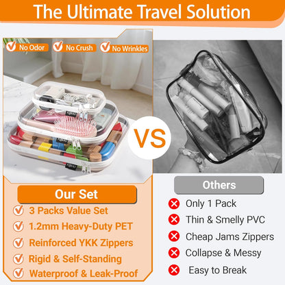 Clear Hard Shell Organizer Cases, 3-Pack, White | Rigid 1.2 mm clear PET organizers with multi-size design for travel, home storage, and everyday essentials.