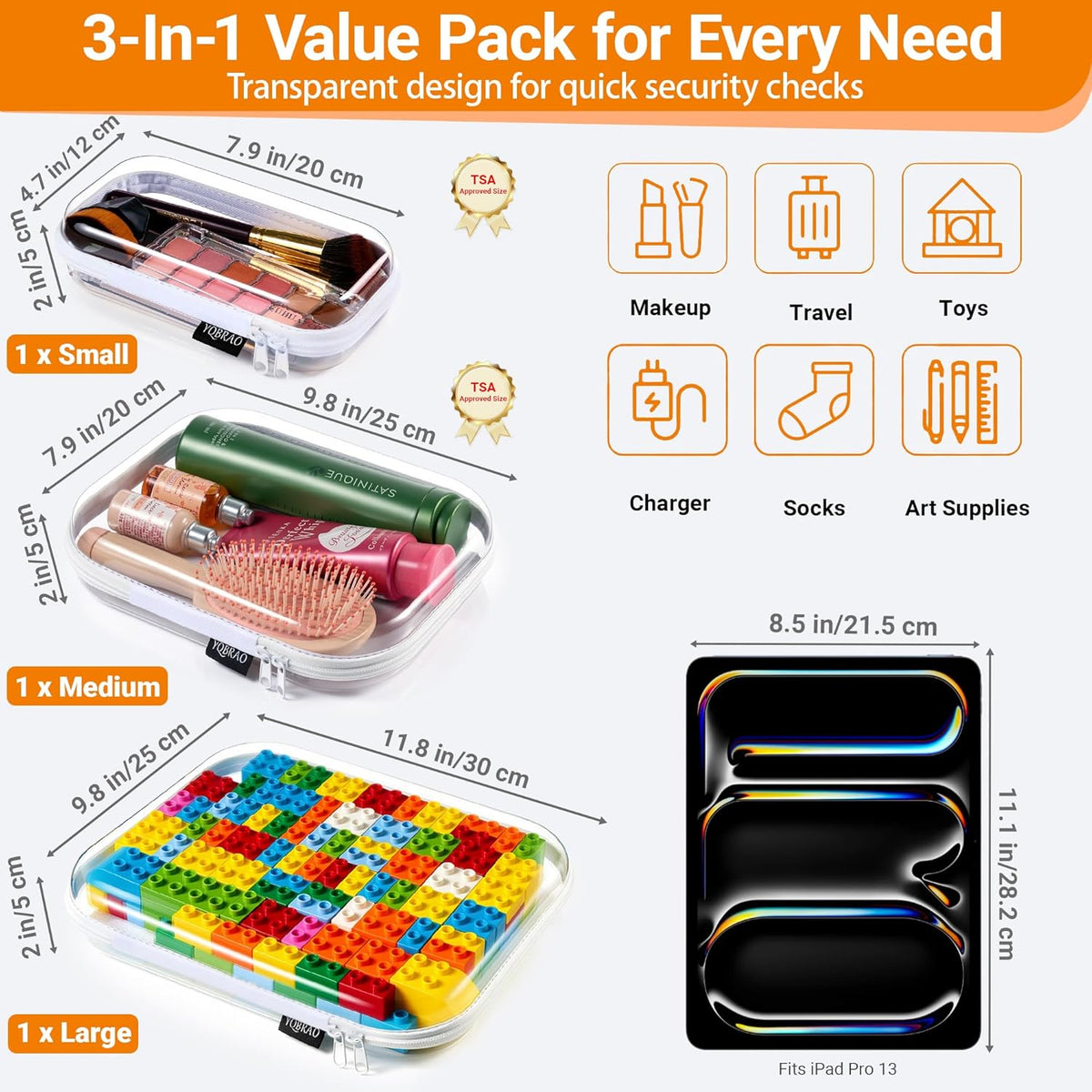 Clear Hard Shell Organizer Cases, 3-Pack, White | Rigid 1.2 mm clear PET organizers with multi-size design for travel, home storage, and everyday essentials.