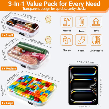 Clear Hard Shell Organizer Cases, 3-Pack, White | Rigid 1.2 mm clear PET organizers with multi-size design for travel, home storage, and everyday essentials.