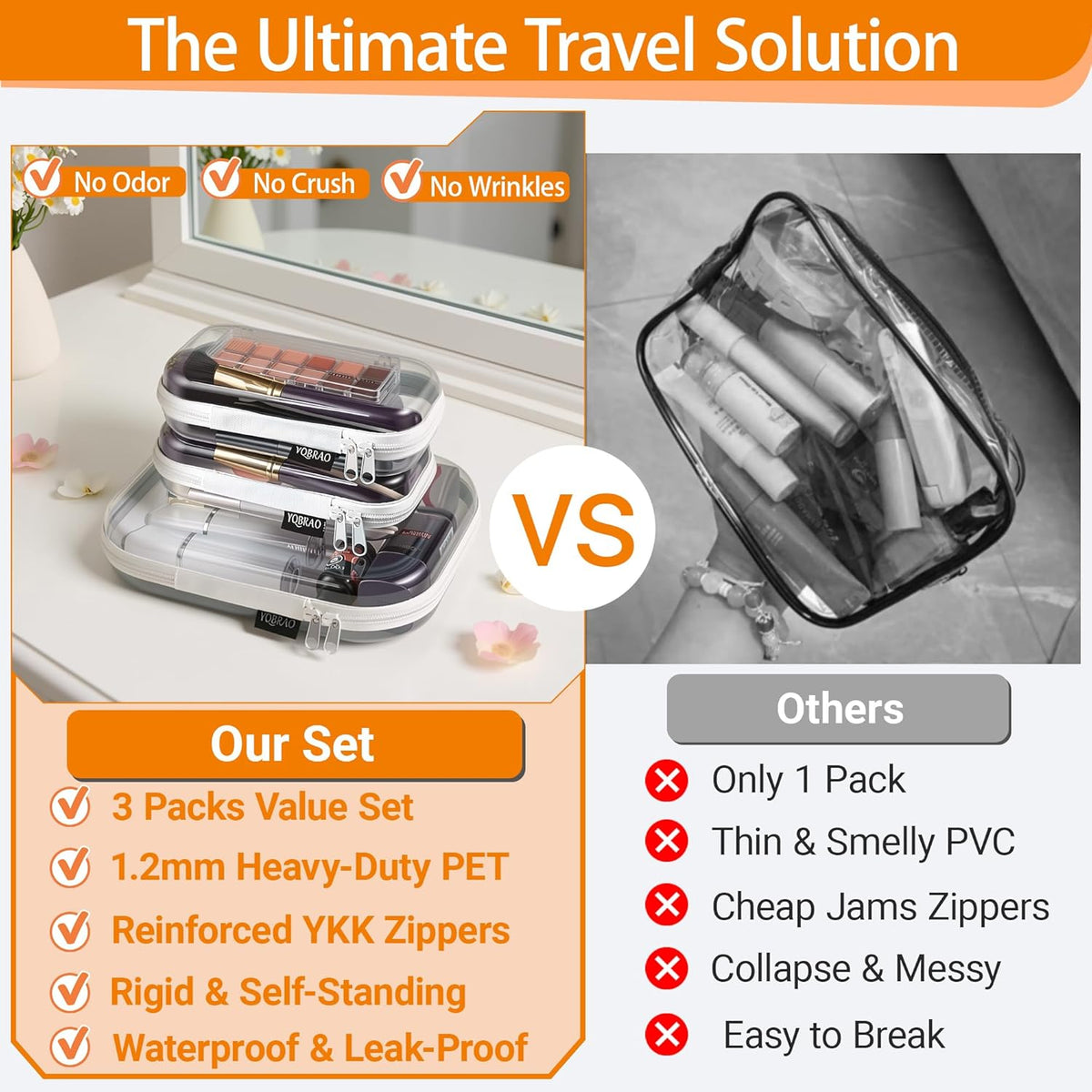 Clear Hard Shell Organizer Cases, 3-Pack, White | Rigid 1.2 mm clear PET organizers with multi-size design for travel, home storage, and everyday essentials.