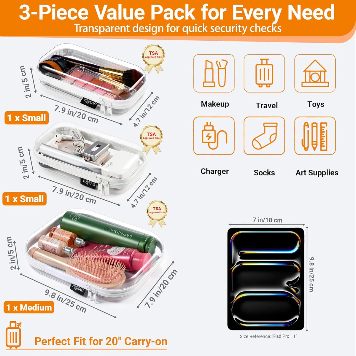 Clear Hard Shell Organizer Cases, 3-Pack, White | Rigid 1.2 mm clear PET organizers with multi-size design for travel, home storage, and everyday essentials.