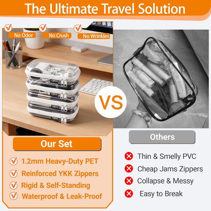 Clear Hard Shell Organizer Cases, 3-Pack, White | Rigid 1.2 mm clear PET organizers with multi-size design for travel, home storage, and everyday essentials.