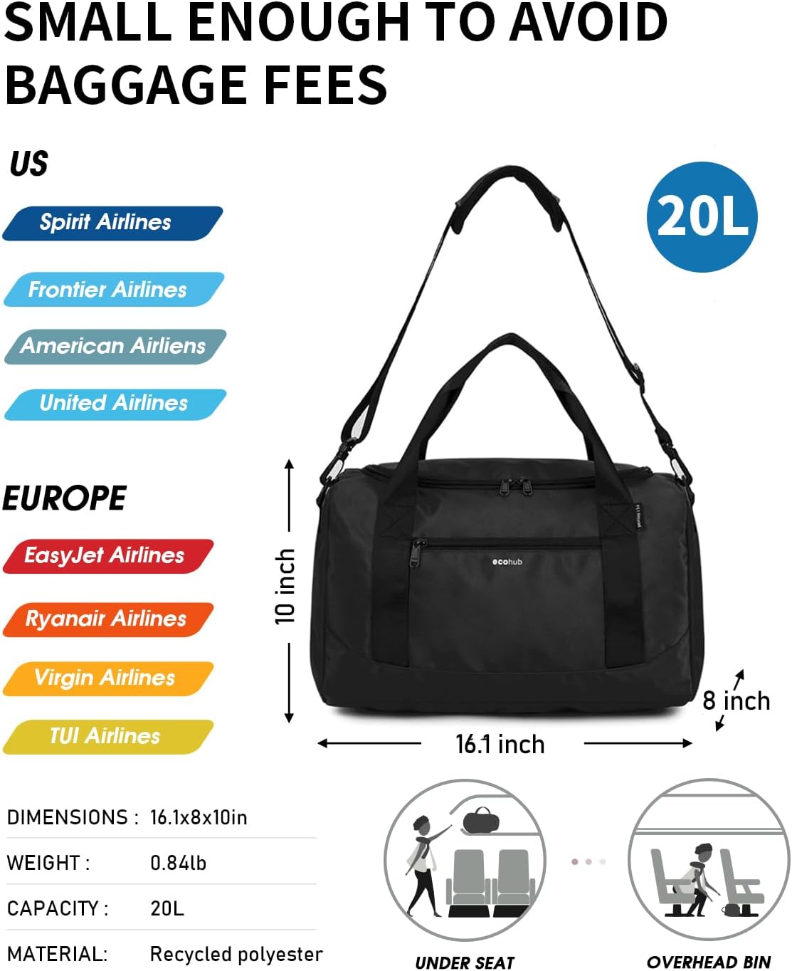 16'' Personal Item Bag Mini Duffel Bag Small Travel Bag Underseat Carry on Bag for United Airlines Gym Bag for Women and Men