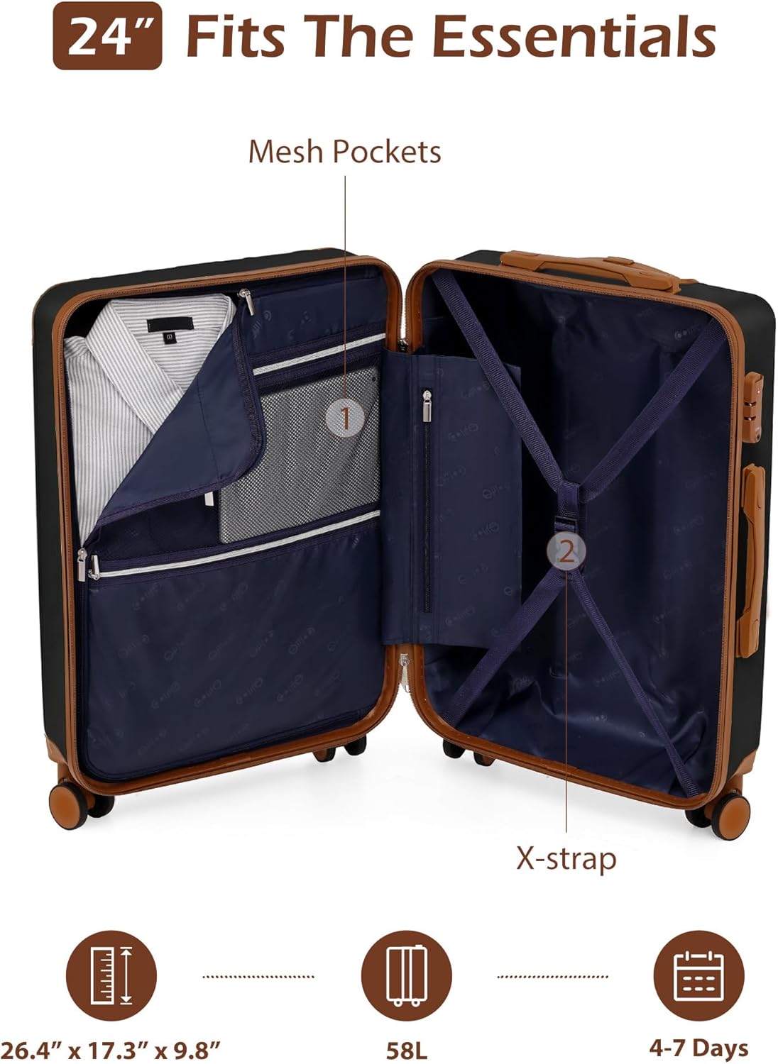 Carry On Luggage, Suitcase with Durable and Lightweight, carry on suitcase with ABS Hardshell, Dual Spinner Wheels, TSA Lock, and YKK Zipper(apricot black, S(20in)_carry on)
