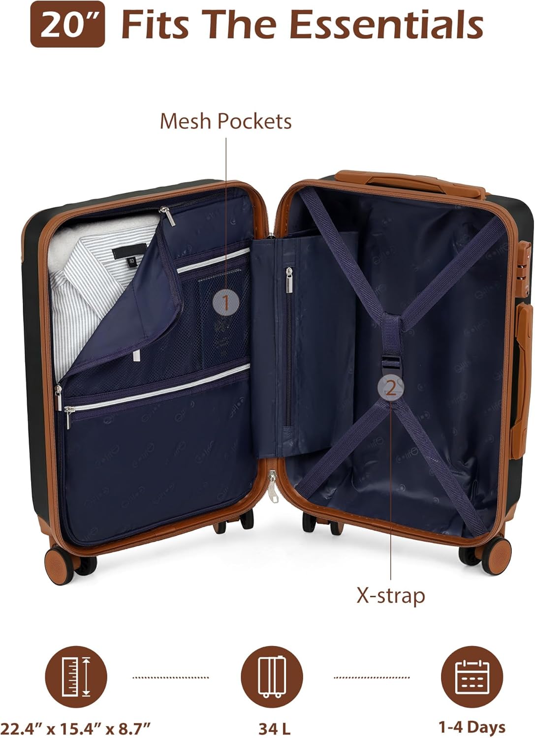 Carry On Luggage, Suitcase with Durable and Lightweight, carry on suitcase with ABS Hardshell, Dual Spinner Wheels, TSA Lock, and YKK Zipper(apricot black, S(20in)_carry on)
