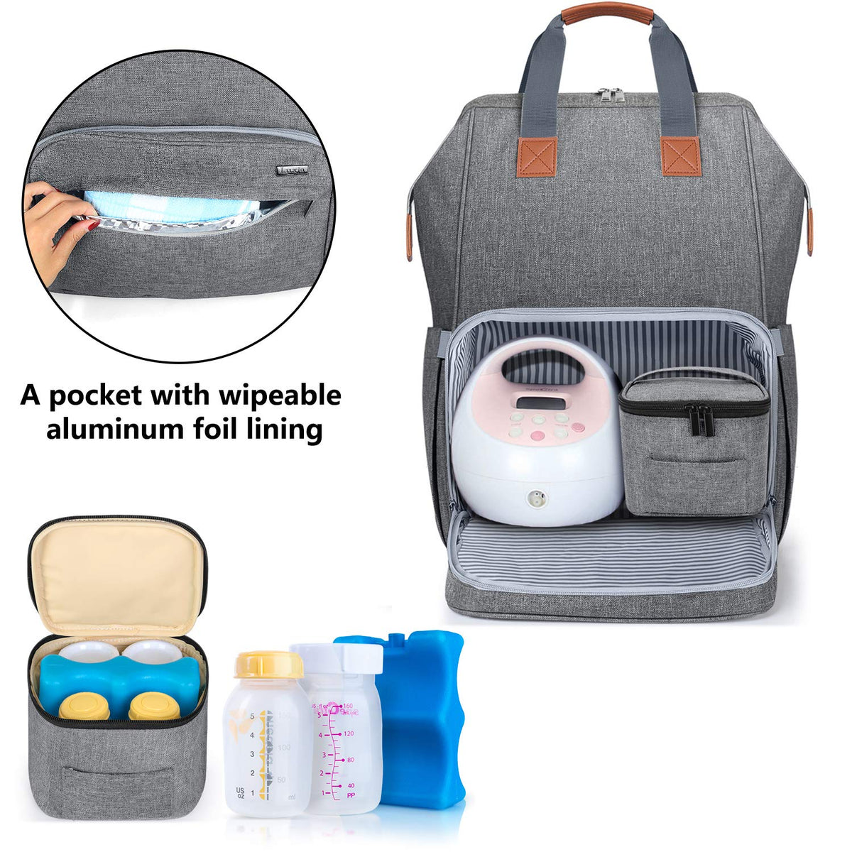 Breast Pump Backpack Storage Bag for Cooler Bag & Laptop, Gray | 2 Wear Ways, Fits Most Breast Pumps, Suitable for Working Mothers