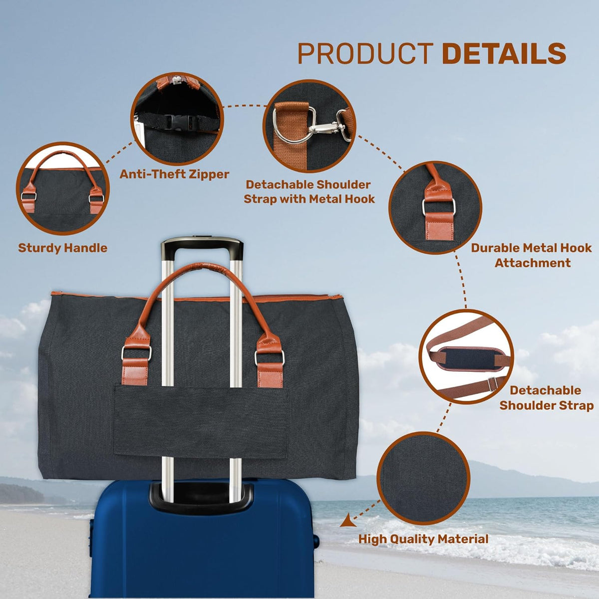 Convertible Garment Duffel Bag for Travel, Large Carry On Weekender Bag with Hanging Clothes Feature, Overnight Travel Duffle Bag for Women with Shoe Compartment (Navy Blue)