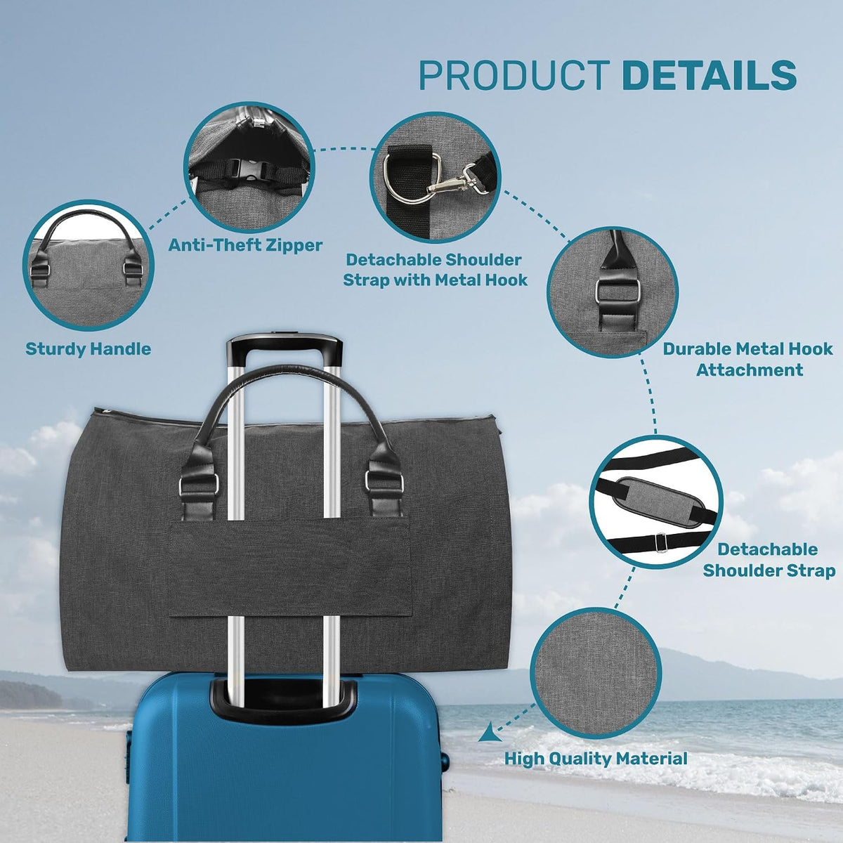 Convertible Garment Duffel Bag for Travel, Large Carry On Weekender Bag with Hanging Clothes Feature, Overnight Travel Duffle Bag for Women with Shoe Compartment (Navy Blue)