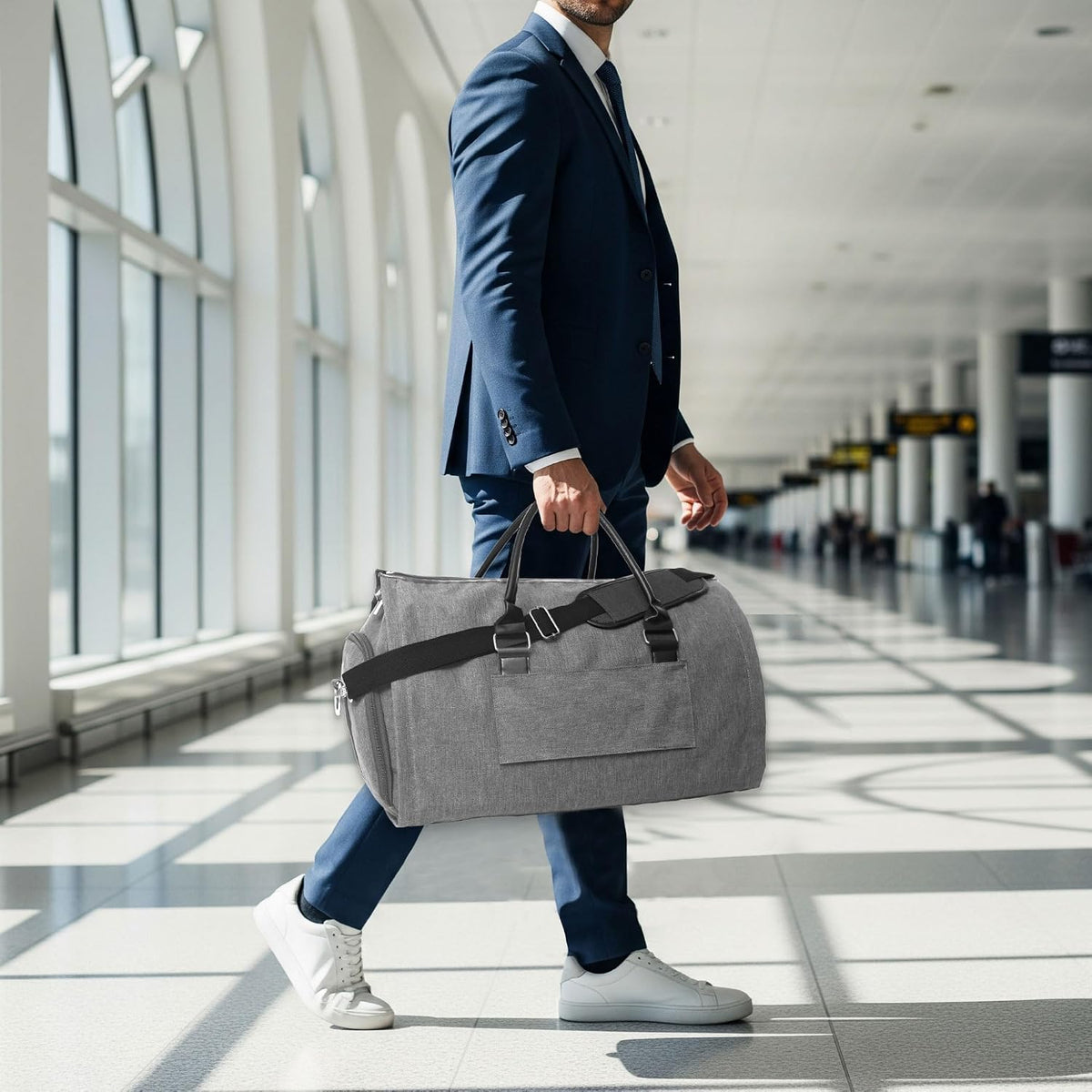 Convertible Garment Duffel Bag for Travel, Large Carry On Weekender Bag with Hanging Clothes Feature, Overnight Travel Duffle Bag for Women with Shoe Compartment (Navy Blue)