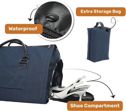 Convertible Garment Duffel Bag for Travel, Large Carry On Weekender Bag with Hanging Clothes Feature, Overnight Travel Duffle Bag for Women with Shoe Compartment (Navy Blue)