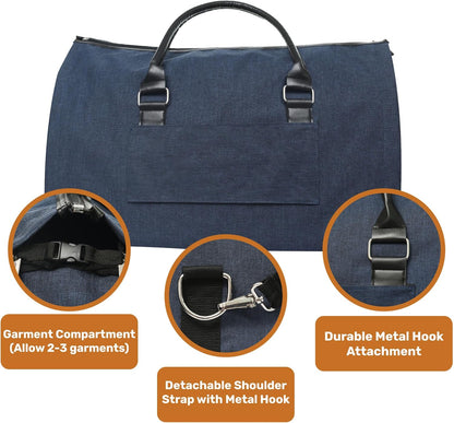 Convertible Garment Duffel Bag for Travel, Large Carry On Weekender Bag with Hanging Clothes Feature, Overnight Travel Duffle Bag for Women with Shoe Compartment (Navy Blue)