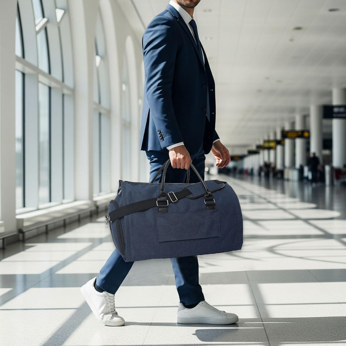 Convertible Garment Duffel Bag for Travel, Large Carry On Weekender Bag with Hanging Clothes Feature, Overnight Travel Duffle Bag for Women with Shoe Compartment (Navy Blue)