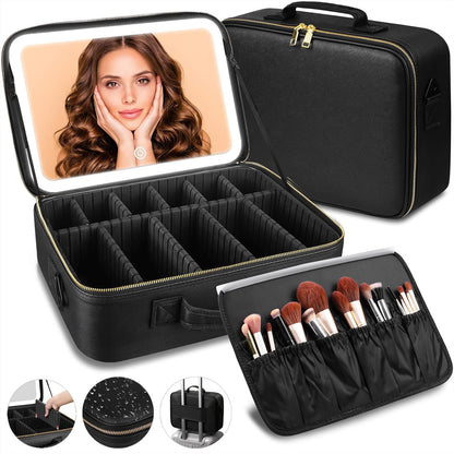 15"×11" Large Pink Makeup Bag with Mirror, Personal Item Travel Bag with Makeup Mirror 3 Lights, Waterproof Train Case with Mirror and Adjustable Dividers,Professional Lighted Makeup Case