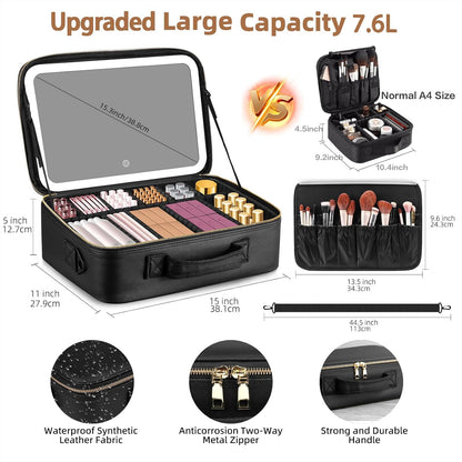15"×11" Large Pink Makeup Bag with Mirror, Personal Item Travel Bag with Makeup Mirror 3 Lights, Waterproof Train Case with Mirror and Adjustable Dividers,Professional Lighted Makeup Case