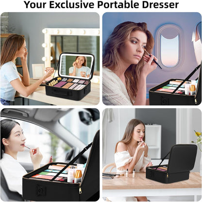 15"×11" Large Pink Makeup Bag with Mirror, Personal Item Travel Bag with Makeup Mirror 3 Lights, Waterproof Train Case with Mirror and Adjustable Dividers,Professional Lighted Makeup Case