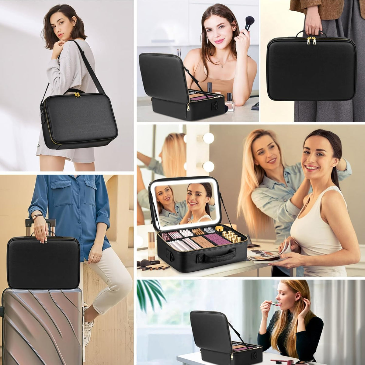 15"×11" Large Pink Makeup Bag with Mirror, Personal Item Travel Bag with Makeup Mirror 3 Lights, Waterproof Train Case with Mirror and Adjustable Dividers,Professional Lighted Makeup Case