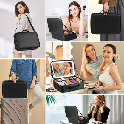 15"×11" Large Pink Makeup Bag with Mirror, Personal Item Travel Bag with Makeup Mirror 3 Lights, Waterproof Train Case with Mirror and Adjustable Dividers,Professional Lighted Makeup Case