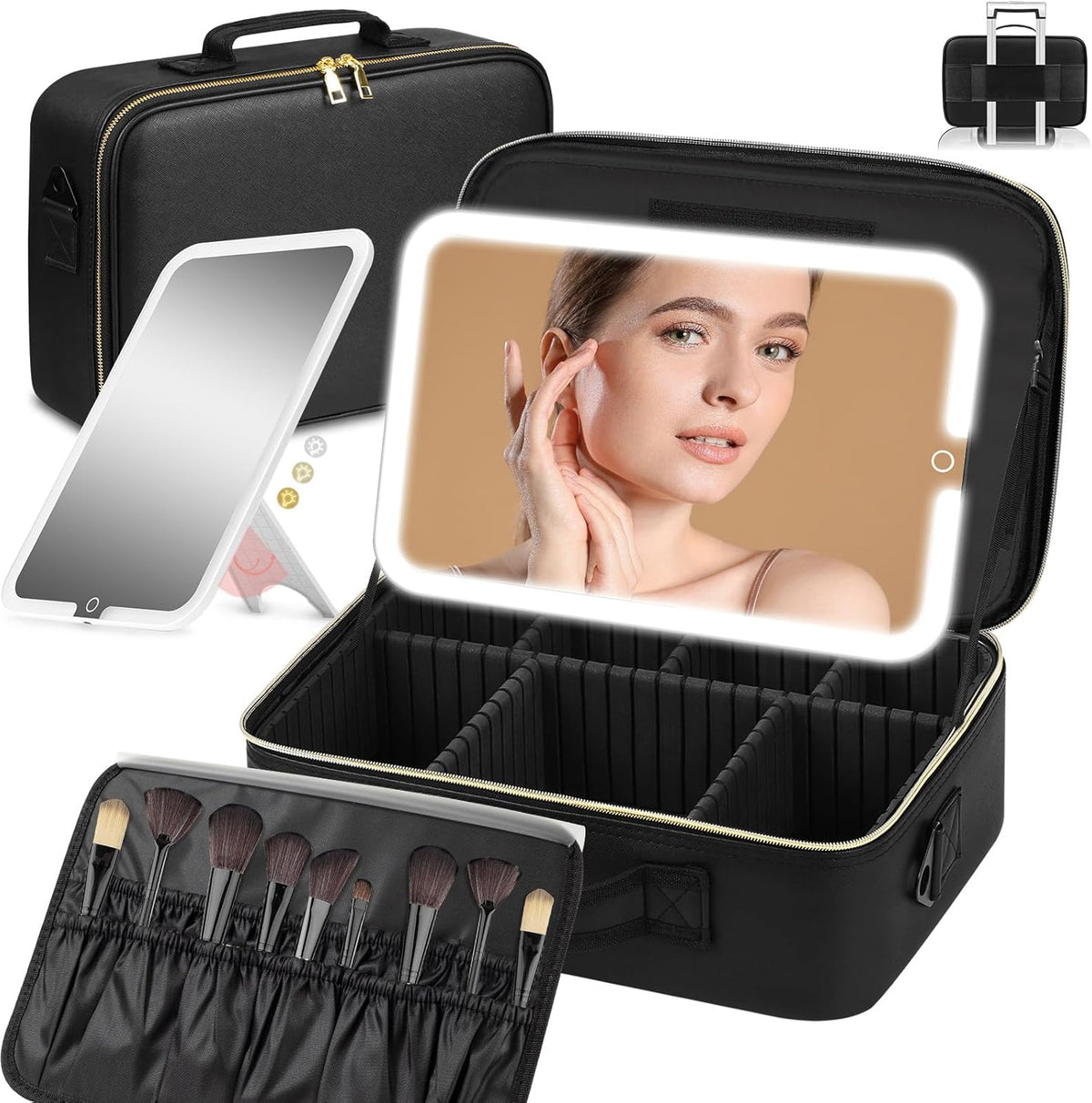 15"×11" Large Pink Makeup Bag with Mirror, Personal Item Travel Bag with Makeup Mirror 3 Lights, Waterproof Train Case with Mirror and Adjustable Dividers,Professional Lighted Makeup Case