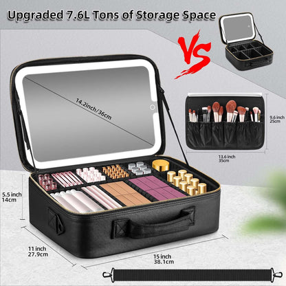 15"×11" Large Pink Makeup Bag with Mirror, Personal Item Travel Bag with Makeup Mirror 3 Lights, Waterproof Train Case with Mirror and Adjustable Dividers,Professional Lighted Makeup Case