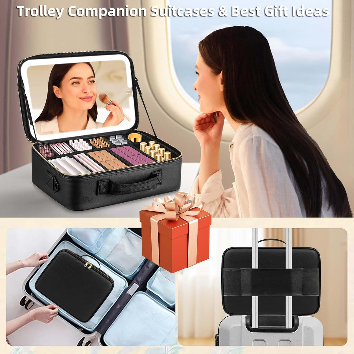 15"×11" Large Pink Makeup Bag with Mirror, Personal Item Travel Bag with Makeup Mirror 3 Lights, Waterproof Train Case with Mirror and Adjustable Dividers,Professional Lighted Makeup Case
