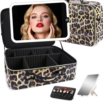 15"×11" Large Pink Makeup Bag with Mirror, Personal Item Travel Bag with Makeup Mirror 3 Lights, Waterproof Train Case with Mirror and Adjustable Dividers,Professional Lighted Makeup Case
