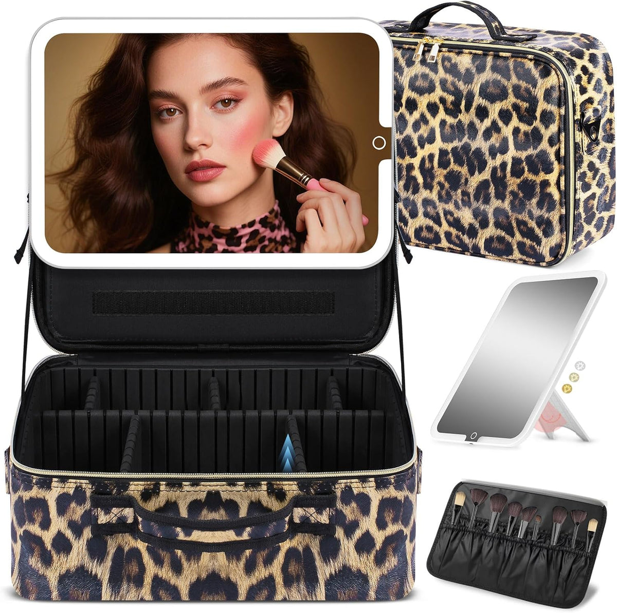 15"×11" Large Pink Makeup Bag with Mirror, Personal Item Travel Bag with Makeup Mirror 3 Lights, Waterproof Train Case with Mirror and Adjustable Dividers,Professional Lighted Makeup Case