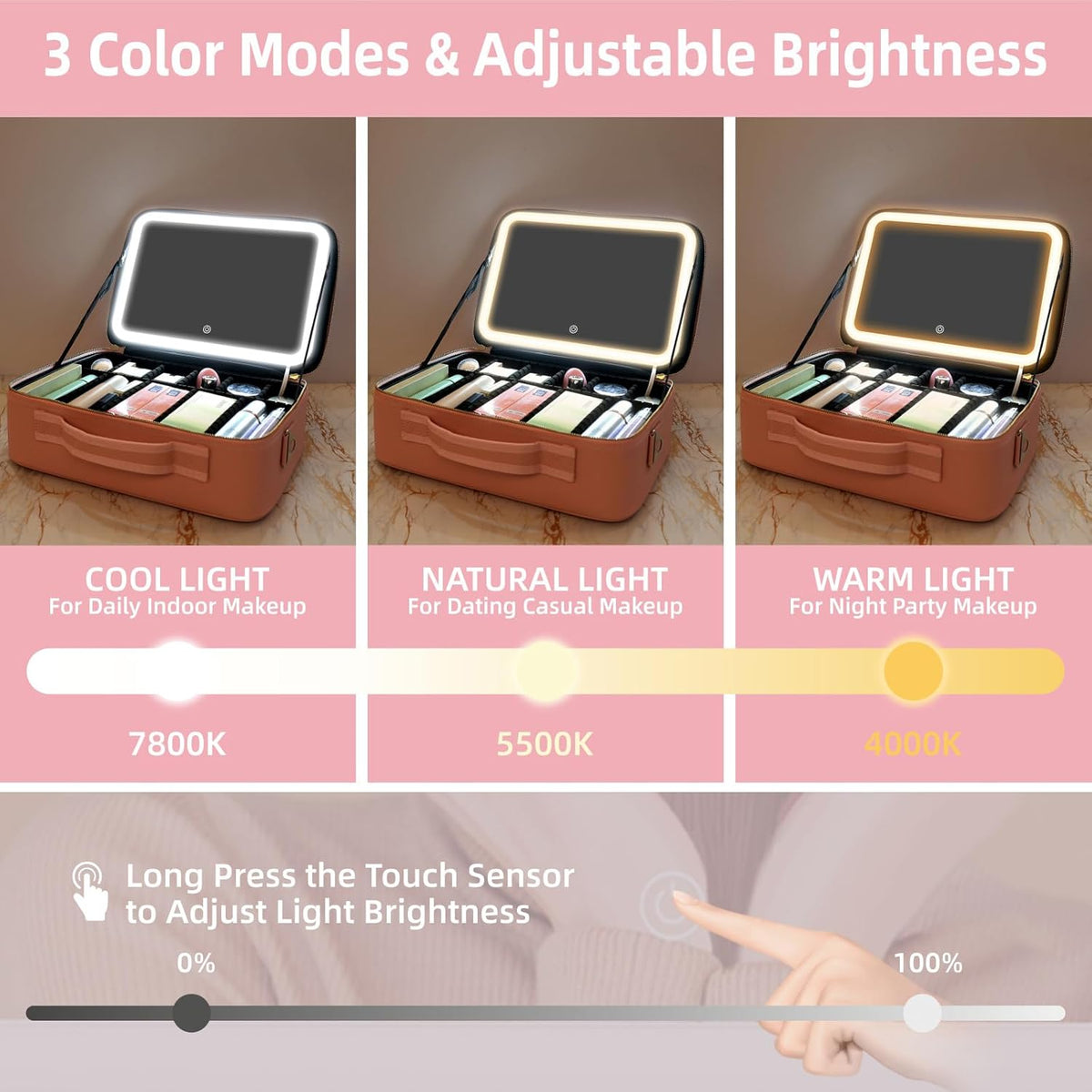 15"×11" Large Pink Makeup Bag with Mirror, Personal Item Travel Bag with Makeup Mirror 3 Lights, Waterproof Train Case with Mirror and Adjustable Dividers,Professional Lighted Makeup Case