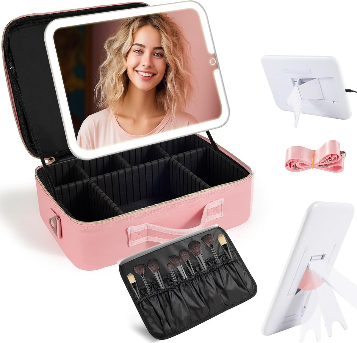 15"×11" Large Pink Makeup Bag with Mirror, Personal Item Travel Bag with Makeup Mirror 3 Lights, Waterproof Train Case with Mirror and Adjustable Dividers,Professional Lighted Makeup Case