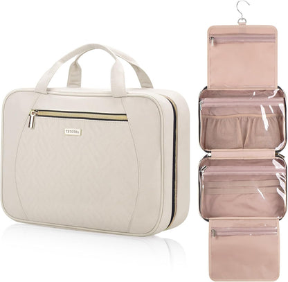 Hanging Toiletry Bag for Women Travel, 2 Sizes Large & Small Waterproof Cosmetic Organizer with 4 Compartments, Rotating Hook, Foldable Pink Travel Bag for Toiletries & Makeup - Medium Grey