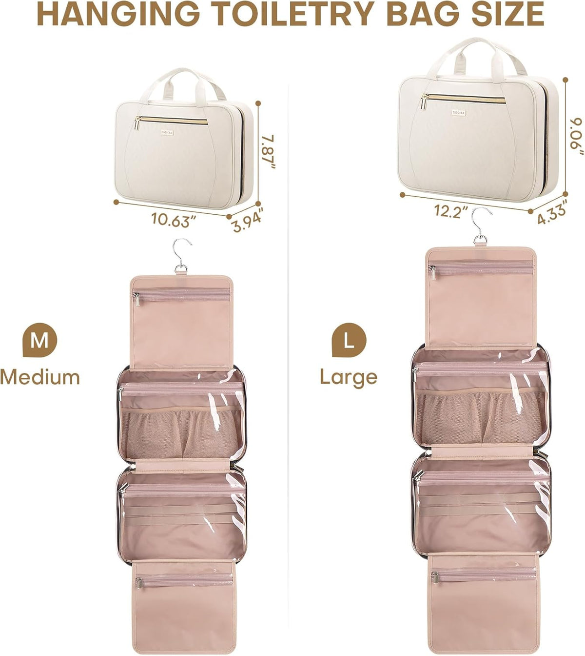 Hanging Toiletry Bag for Women Travel, 2 Sizes Large & Small Waterproof Cosmetic Organizer with 4 Compartments, Rotating Hook, Foldable Pink Travel Bag for Toiletries & Makeup - Medium Grey