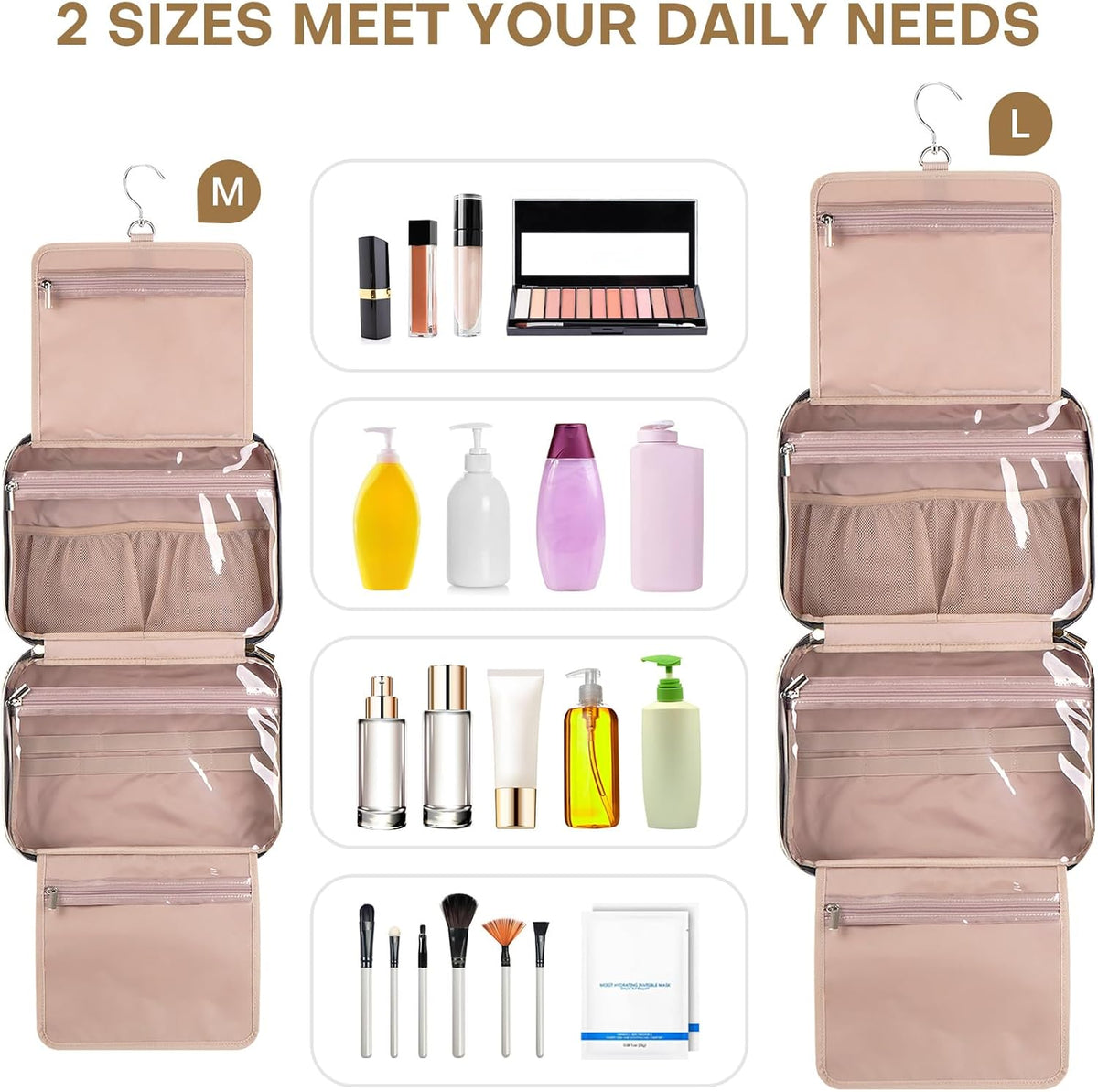 Hanging Toiletry Bag for Women Travel, 2 Sizes Large & Small Waterproof Cosmetic Organizer with 4 Compartments, Rotating Hook, Foldable Pink Travel Bag for Toiletries & Makeup - Medium Grey