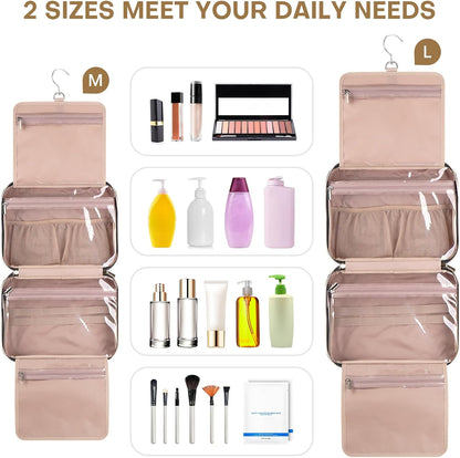 Hanging Toiletry Bag for Women Travel, 2 Sizes Large & Small Waterproof Cosmetic Organizer with 4 Compartments, Rotating Hook, Foldable Pink Travel Bag for Toiletries & Makeup - Medium Grey