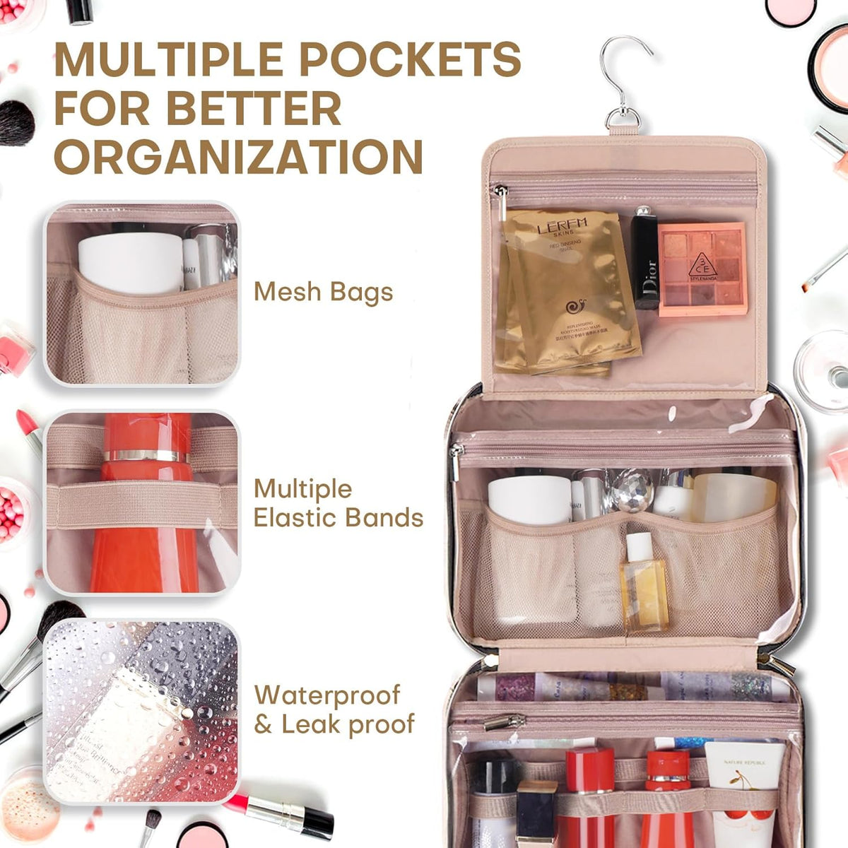 Hanging Toiletry Bag for Women Travel, 2 Sizes Large & Small Waterproof Cosmetic Organizer with 4 Compartments, Rotating Hook, Foldable Pink Travel Bag for Toiletries & Makeup - Medium Grey