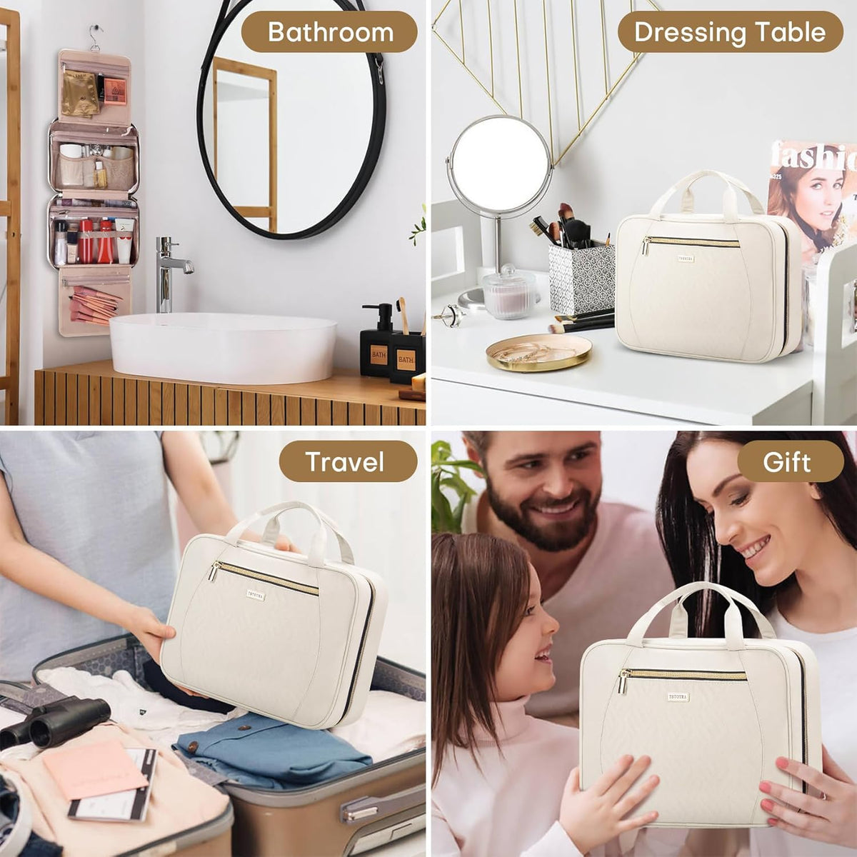 Hanging Toiletry Bag for Women Travel, 2 Sizes Large & Small Waterproof Cosmetic Organizer with 4 Compartments, Rotating Hook, Foldable Pink Travel Bag for Toiletries & Makeup - Medium Grey