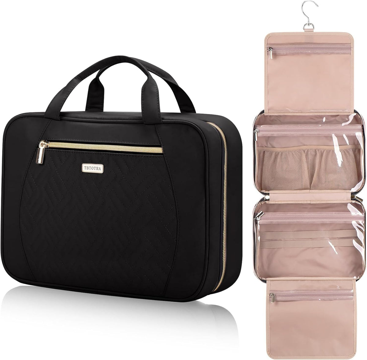 Hanging Toiletry Bag for Women Travel, 2 Sizes Large & Small Waterproof Cosmetic Organizer with 4 Compartments, Rotating Hook, Foldable Pink Travel Bag for Toiletries & Makeup - Medium Grey
