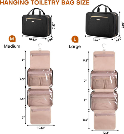 Hanging Toiletry Bag for Women Travel, 2 Sizes Large & Small Waterproof Cosmetic Organizer with 4 Compartments, Rotating Hook, Foldable Pink Travel Bag for Toiletries & Makeup - Medium Grey