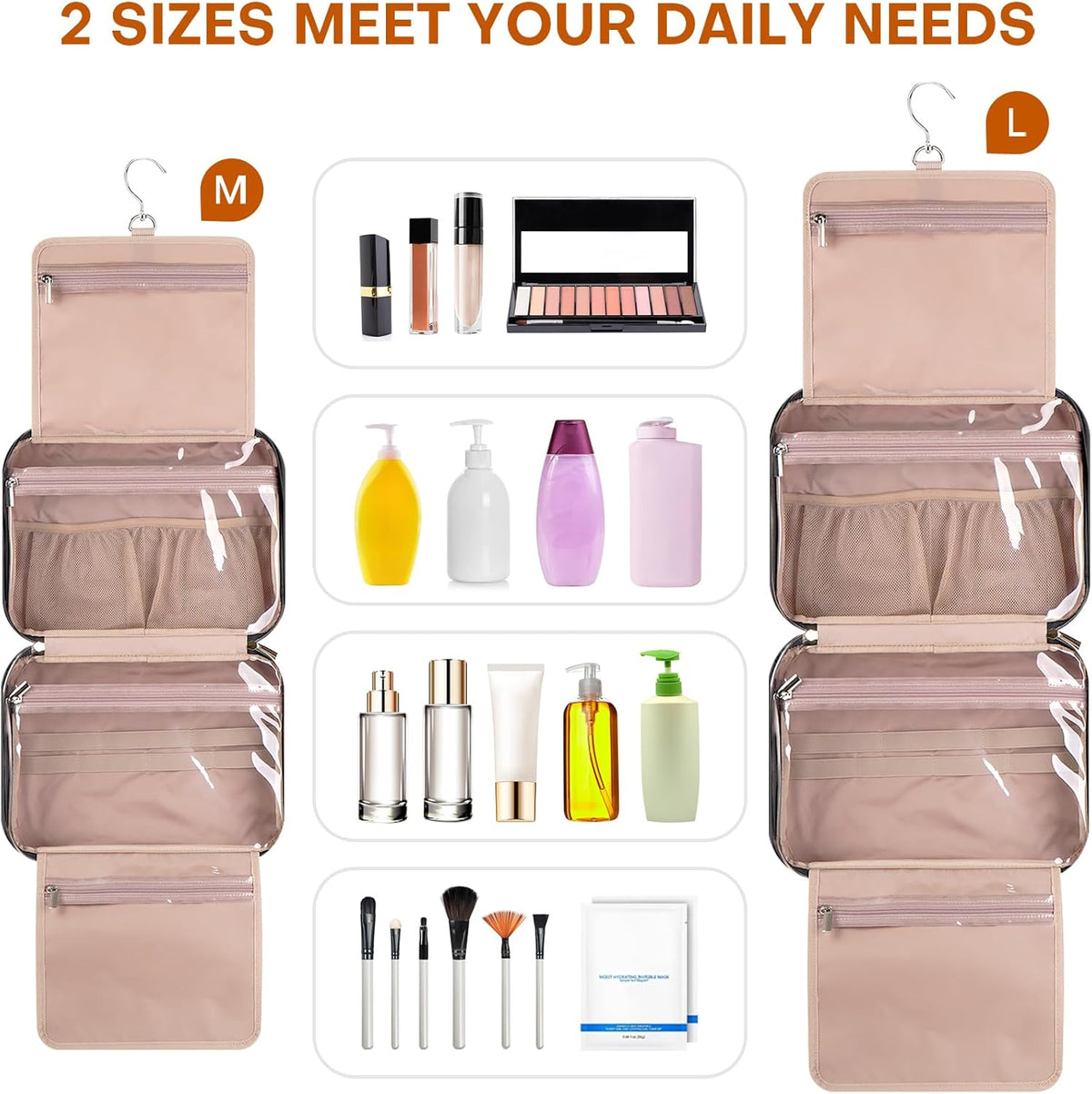 Hanging Toiletry Bag for Women Travel, 2 Sizes Large & Small Waterproof Cosmetic Organizer with 4 Compartments, Rotating Hook, Foldable Pink Travel Bag for Toiletries & Makeup - Medium Grey