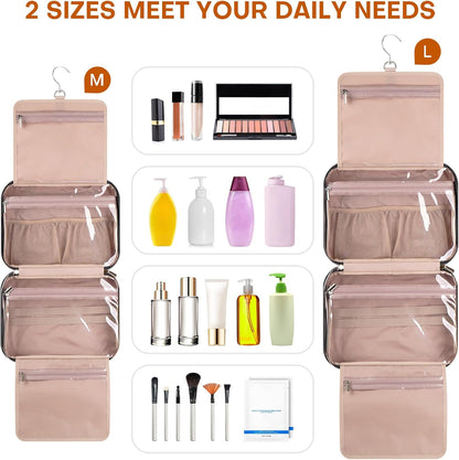 Hanging Toiletry Bag for Women Travel, 2 Sizes Large & Small Waterproof Cosmetic Organizer with 4 Compartments, Rotating Hook, Foldable Pink Travel Bag for Toiletries & Makeup - Medium Grey