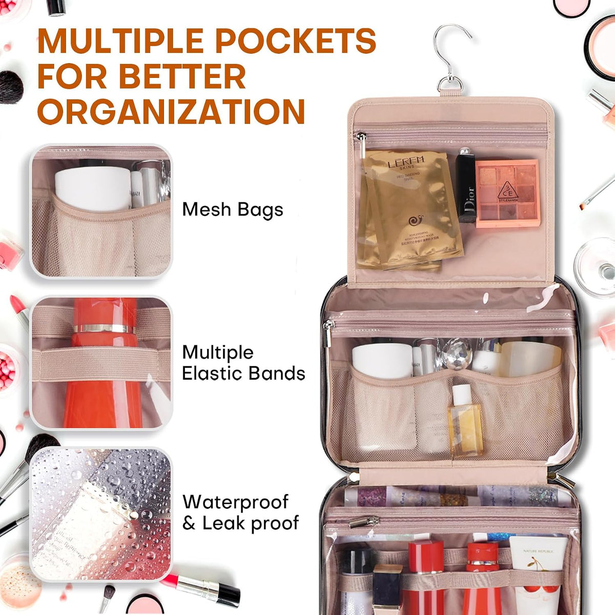 Hanging Toiletry Bag for Women Travel, 2 Sizes Large & Small Waterproof Cosmetic Organizer with 4 Compartments, Rotating Hook, Foldable Pink Travel Bag for Toiletries & Makeup - Medium Grey
