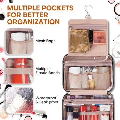 Hanging Toiletry Bag for Women Travel, 2 Sizes Large & Small Waterproof Cosmetic Organizer with 4 Compartments, Rotating Hook, Foldable Pink Travel Bag for Toiletries & Makeup - Medium Grey