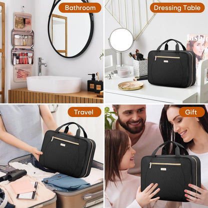 Hanging Toiletry Bag for Women Travel, 2 Sizes Large & Small Waterproof Cosmetic Organizer with 4 Compartments, Rotating Hook, Foldable Pink Travel Bag for Toiletries & Makeup - Medium Grey