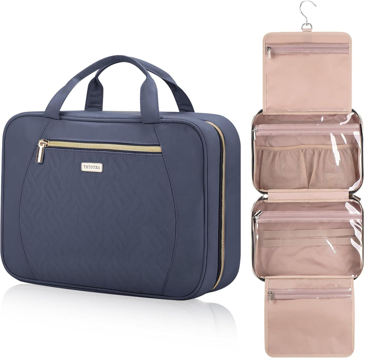 Hanging Toiletry Bag for Women Travel, 2 Sizes Large & Small Waterproof Cosmetic Organizer with 4 Compartments, Rotating Hook, Foldable Pink Travel Bag for Toiletries & Makeup - Medium Grey