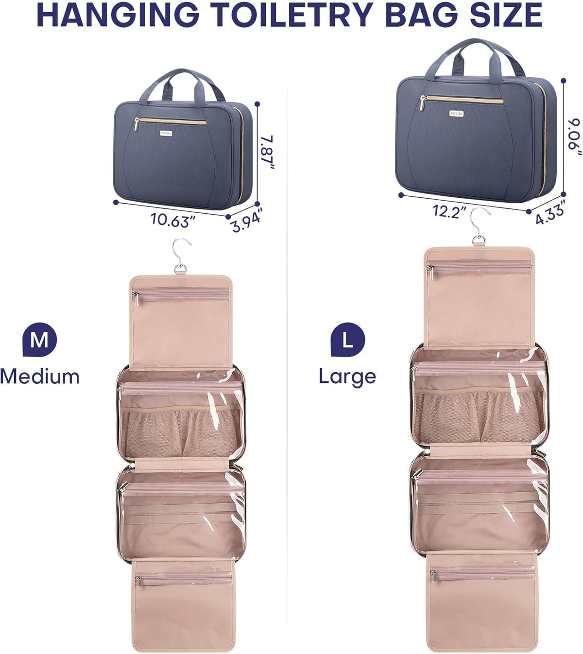 Hanging Toiletry Bag for Women Travel, 2 Sizes Large & Small Waterproof Cosmetic Organizer with 4 Compartments, Rotating Hook, Foldable Pink Travel Bag for Toiletries & Makeup - Medium Grey