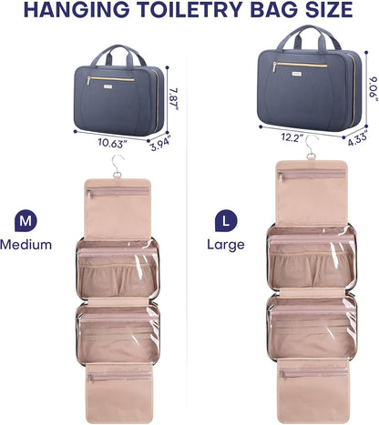 Hanging Toiletry Bag for Women Travel, 2 Sizes Large & Small Waterproof Cosmetic Organizer with 4 Compartments, Rotating Hook, Foldable Pink Travel Bag for Toiletries & Makeup - Medium Grey